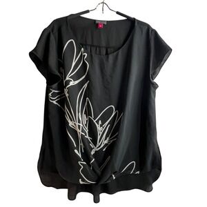 Vince Camuto Womens Black Blouse Top Large Twist Hem Sheer Overlay Floral Office